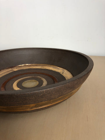Vintage Ceramic Bowl in Brown with Gold Stripe Detail