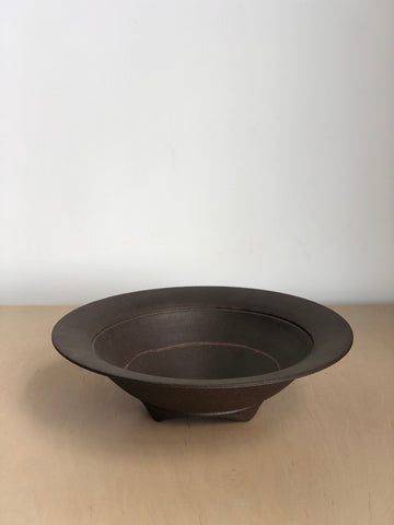 Footed Brown Ceramic Bowl with Stripe Detail
