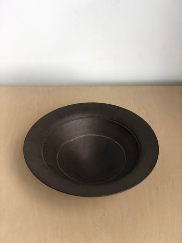 Footed Brown Ceramic Bowl with Stripe Detail