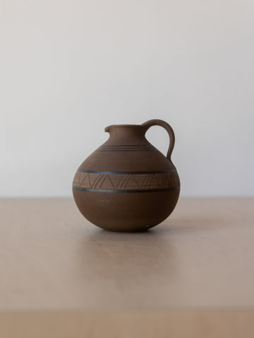 Vintage Brown Ceramic Vessel with Tribal Accents