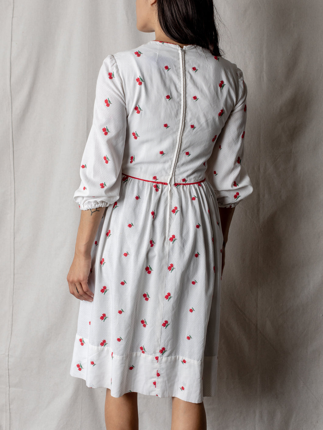 Vintage Cotton Dress in Ivory with Roses