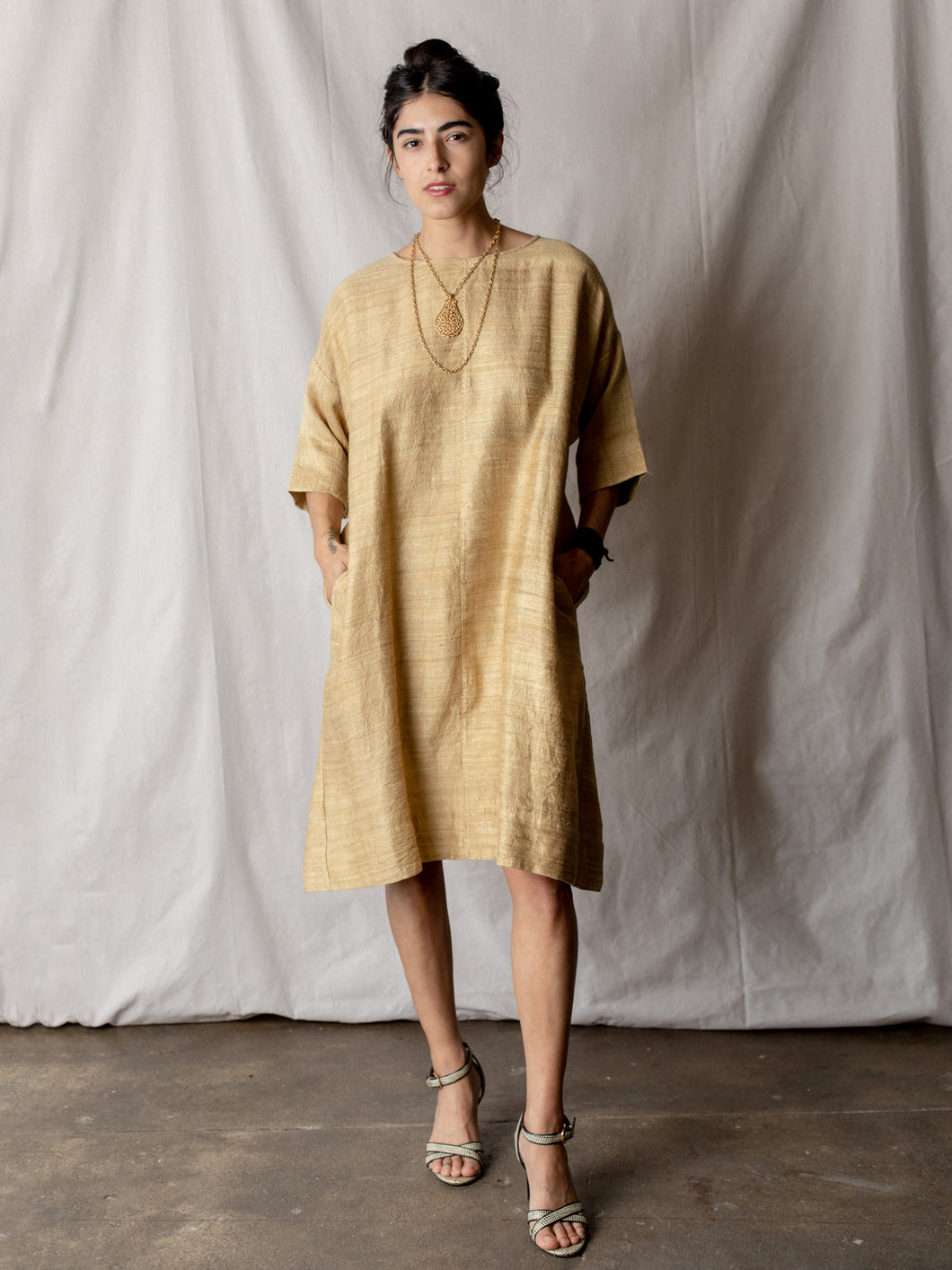 Annam Raw Silk Round Neck Dress in Mustard