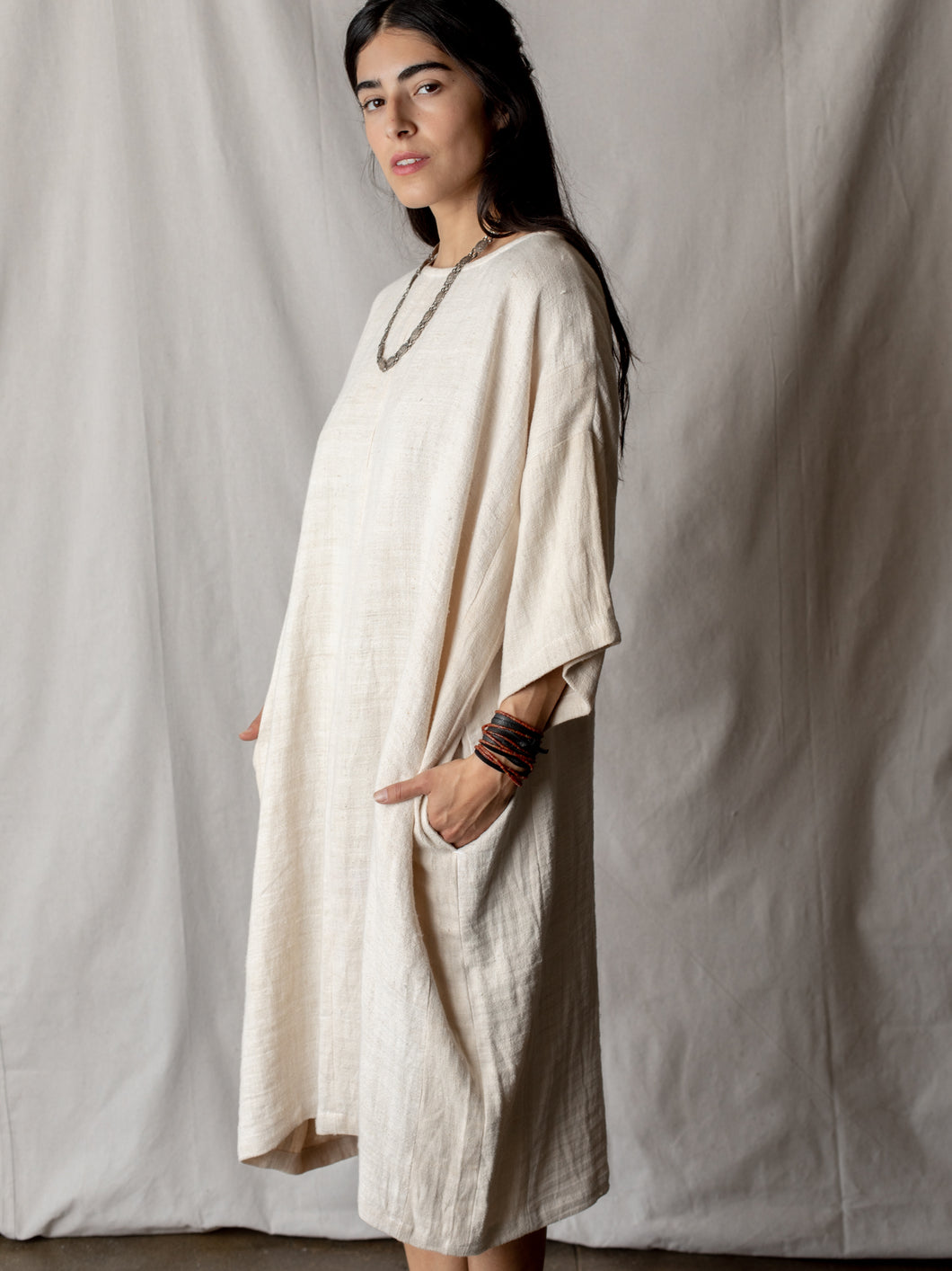 Annam Raw Silk Round Neck Dress in Ivory