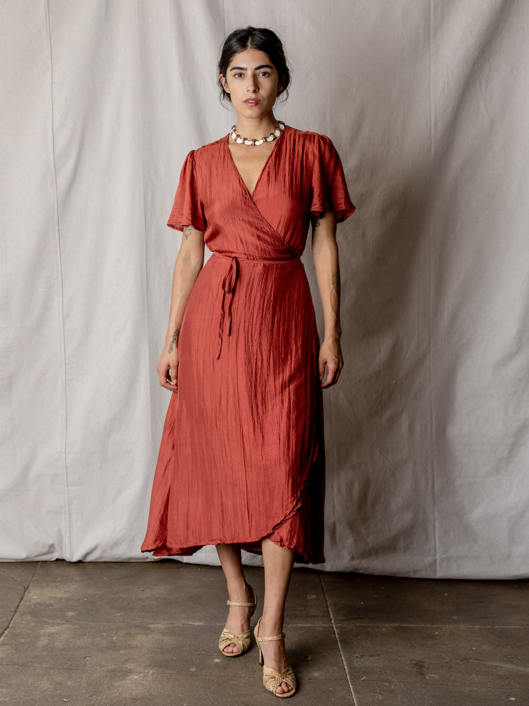 Annam Silk Wrap Dress in Brick