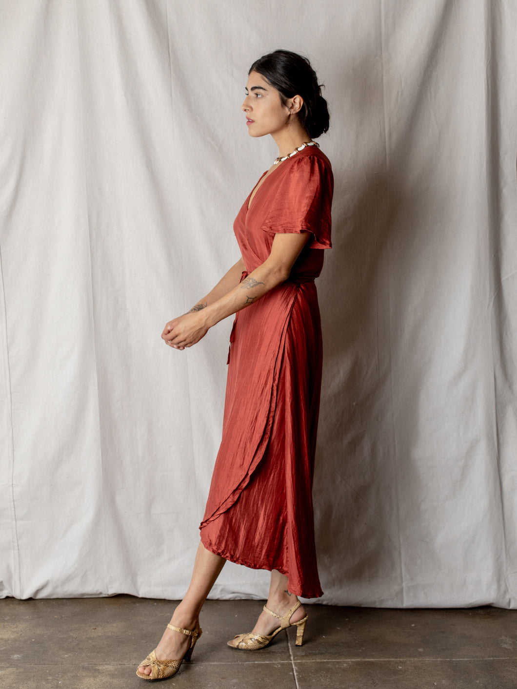 Annam Silk Wrap Dress in Brick