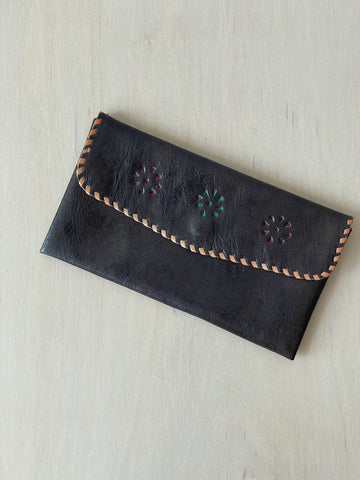 Lambskin Cash Wallet with Floral Design in Deep Brown