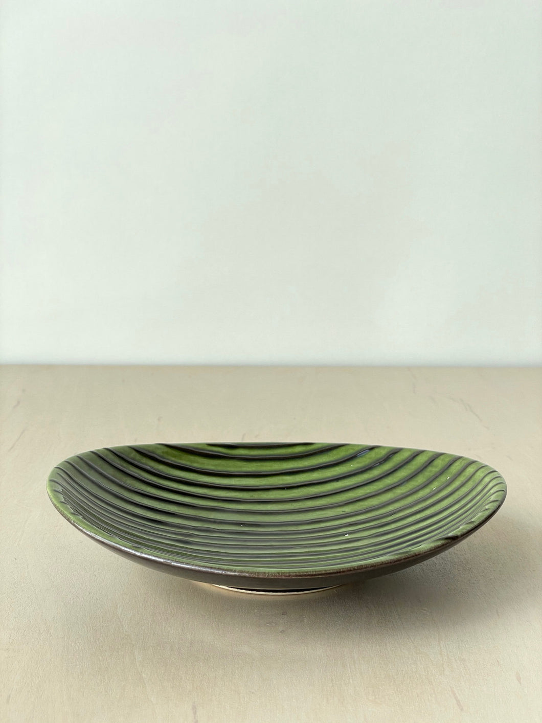 Vintage Green and Black Striped Shallow Dish