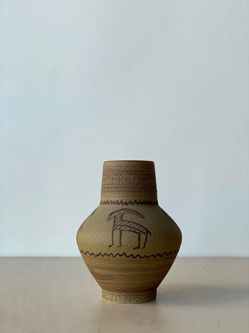 Vintage Ochre Textured Primitive Animal Vase